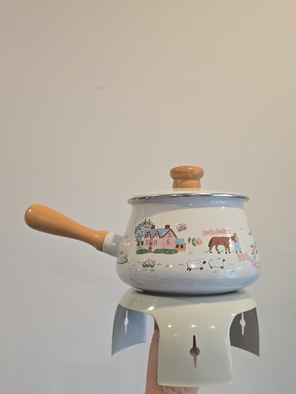 Vintage Cottagecore White Enamel Fondue Pot with Pastoral Farmhouse Print